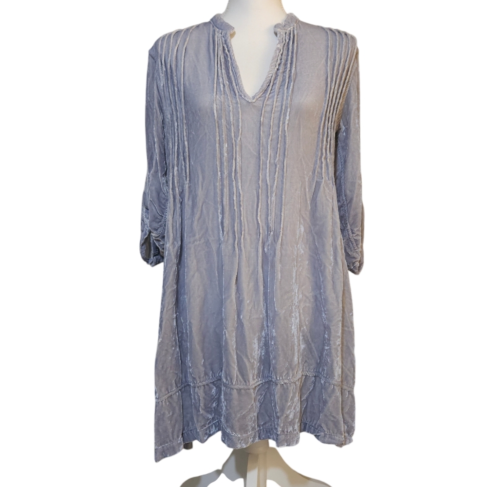 CP Shades Regina Velvet Roll Tab Sleeve Pin Tuck Tunic Mini Dress